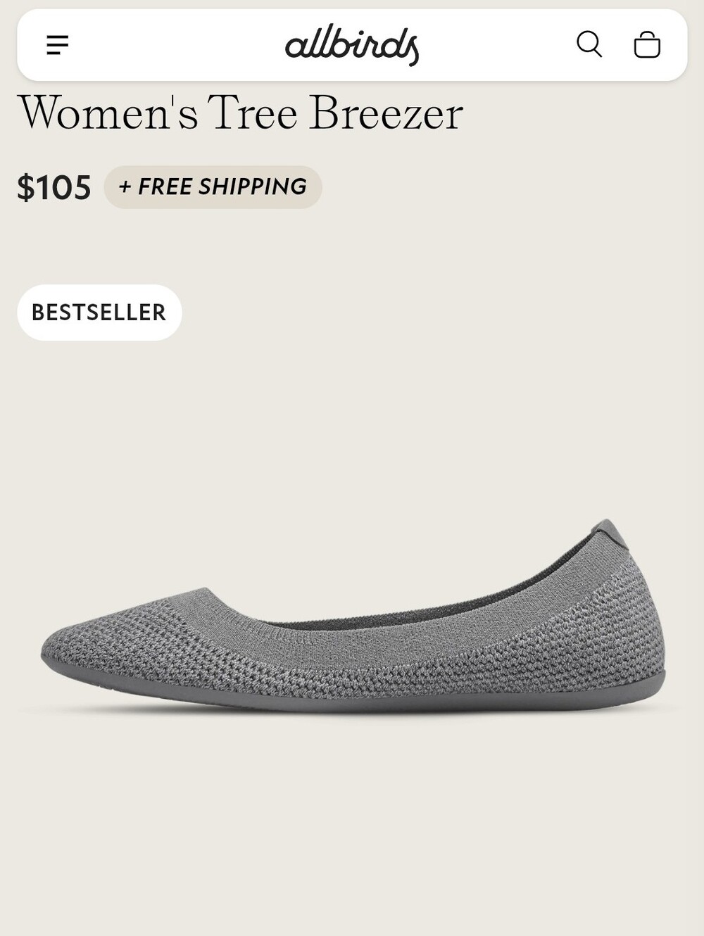 Allbirds Tree Breezers Gray Ballet Flats 8.5 wool worn once retail $105